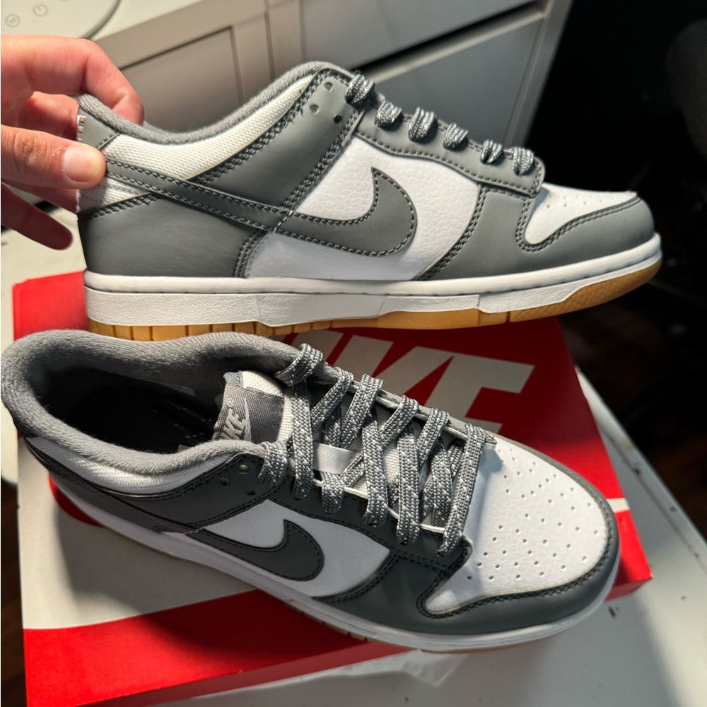 Size 5 youth Nike Dunks Lows, Smoke Grey with Iight Iron Ore bottom!